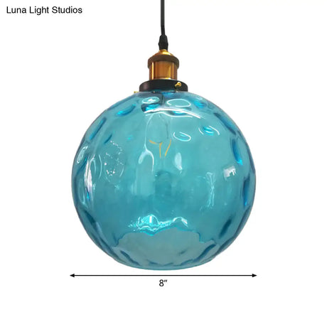 Modern Blue Rippled Glass Ball Hanging Light With Brass Ceiling Suspension - 1 (8’/10’/12’ Sizes)