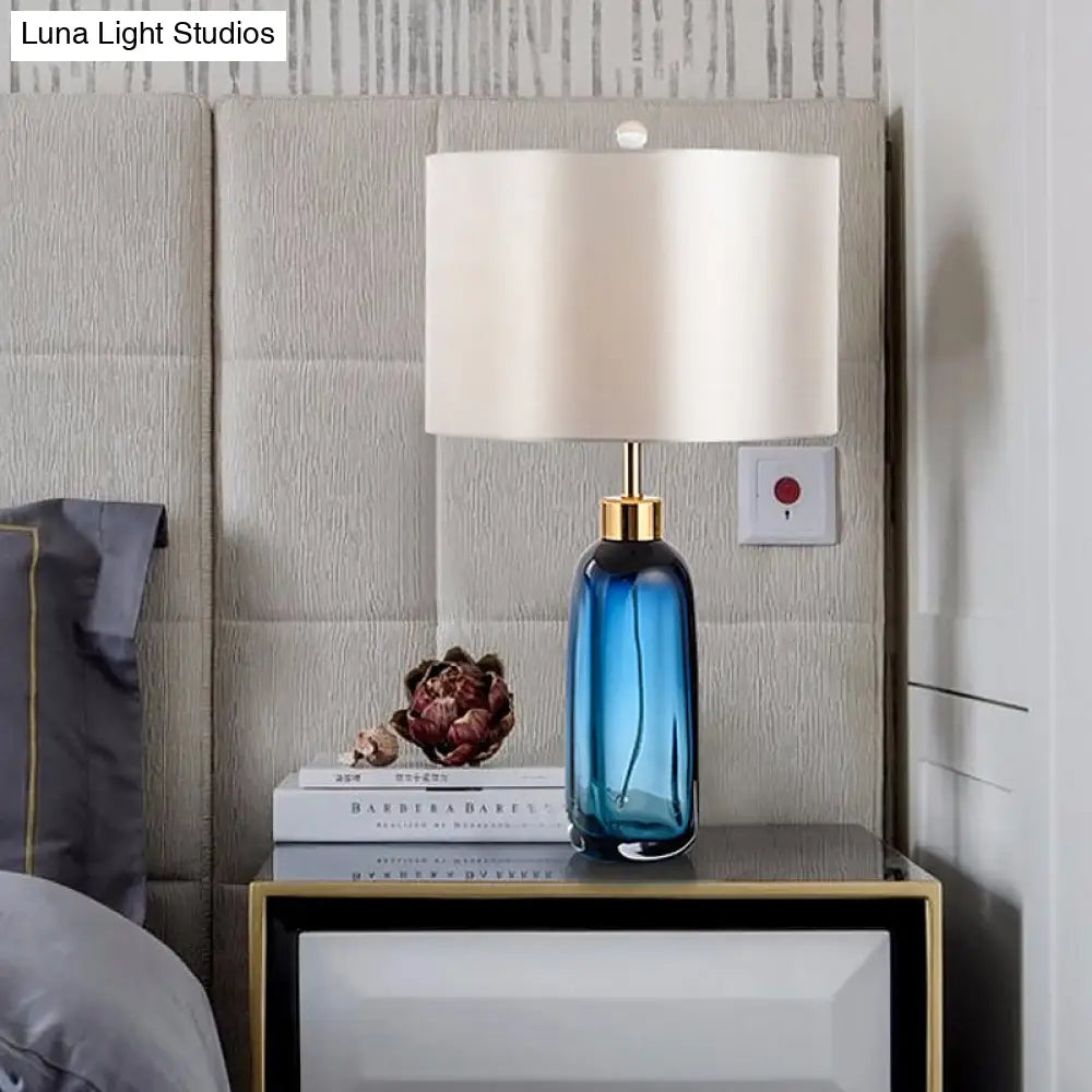 Modern Blue Small Desk Lamp With Cylindrical Fabric Shade - Study Task Lighting