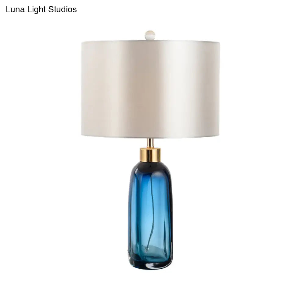 Modern Blue Small Desk Lamp With Cylindrical Fabric Shade - Study Task Lighting
