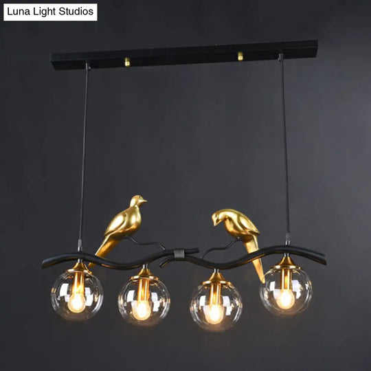 Modern Branch Island Pendant Light With Ball Glass Shade And Bird Deco - Metal 4-Light Fixture For