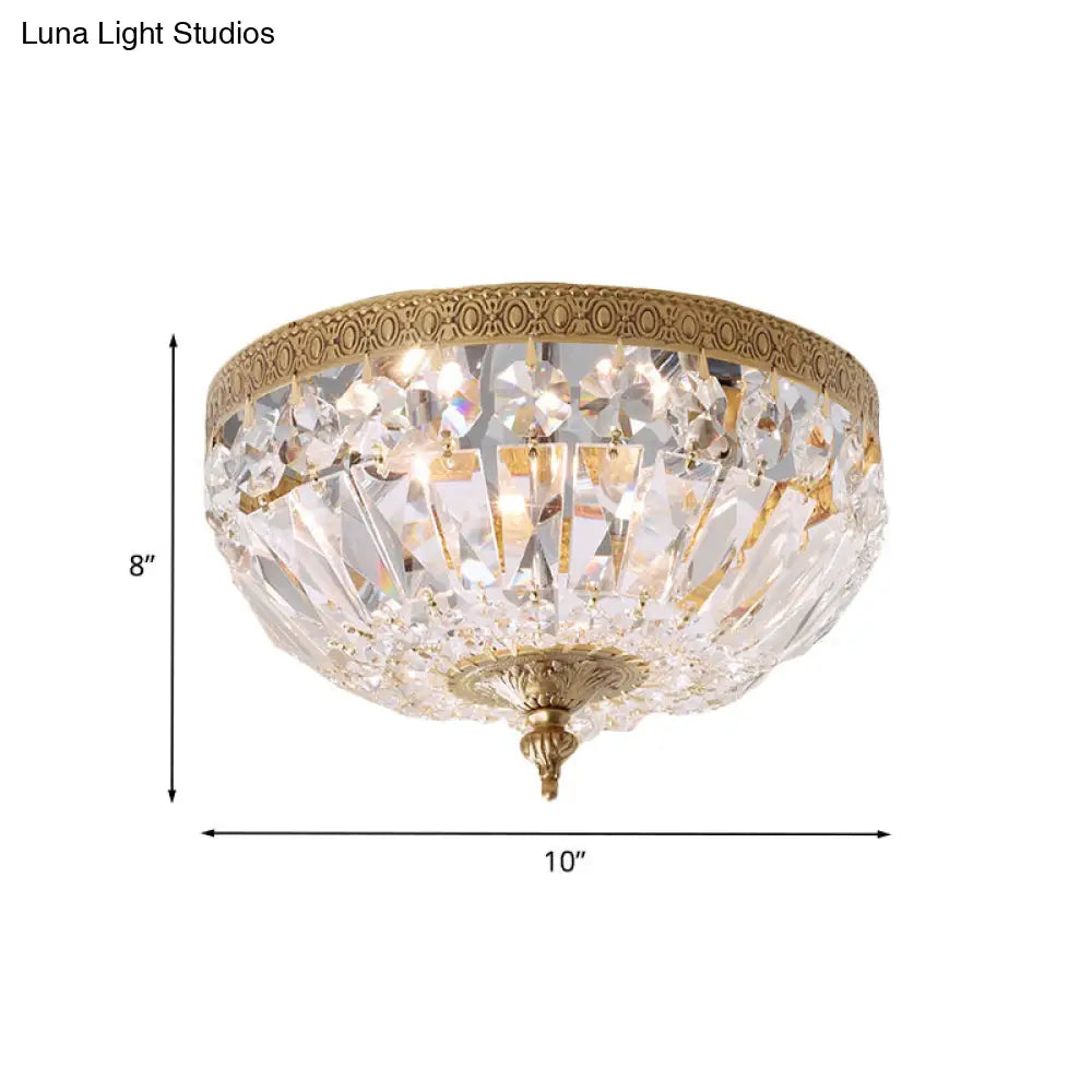 Modern Brass Bowl-Shape Ceiling Flush Light With Crystal Strand - 2 Bulbs Bedroom Lamp