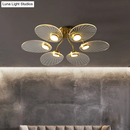Modern Brass Ceiling Lamp With 6 Heads And Leaf Acrylic Shade