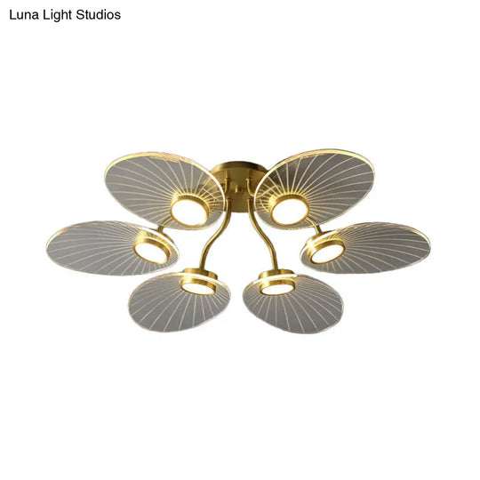 Modern Brass Ceiling Lamp With 6 Heads And Leaf Acrylic Shade