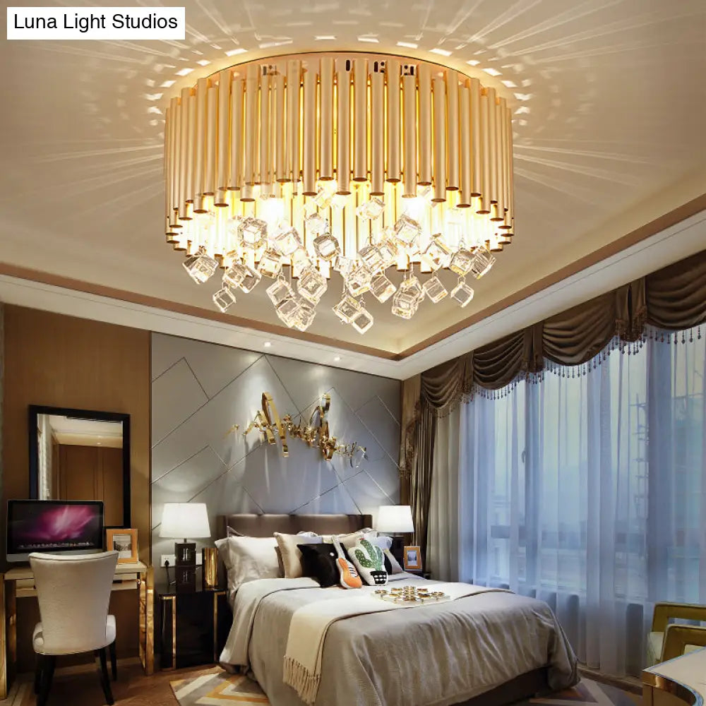 Modern Brass Ceiling Lamp With Metal Flute Shade And Crystal Drop - Drum Flush Light (4/5 Lights)