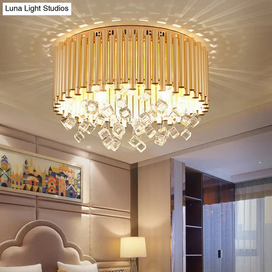Modern Brass Ceiling Lamp With Metal Flute Shade And Crystal Drop - Drum Flush Light (4/5 Lights)