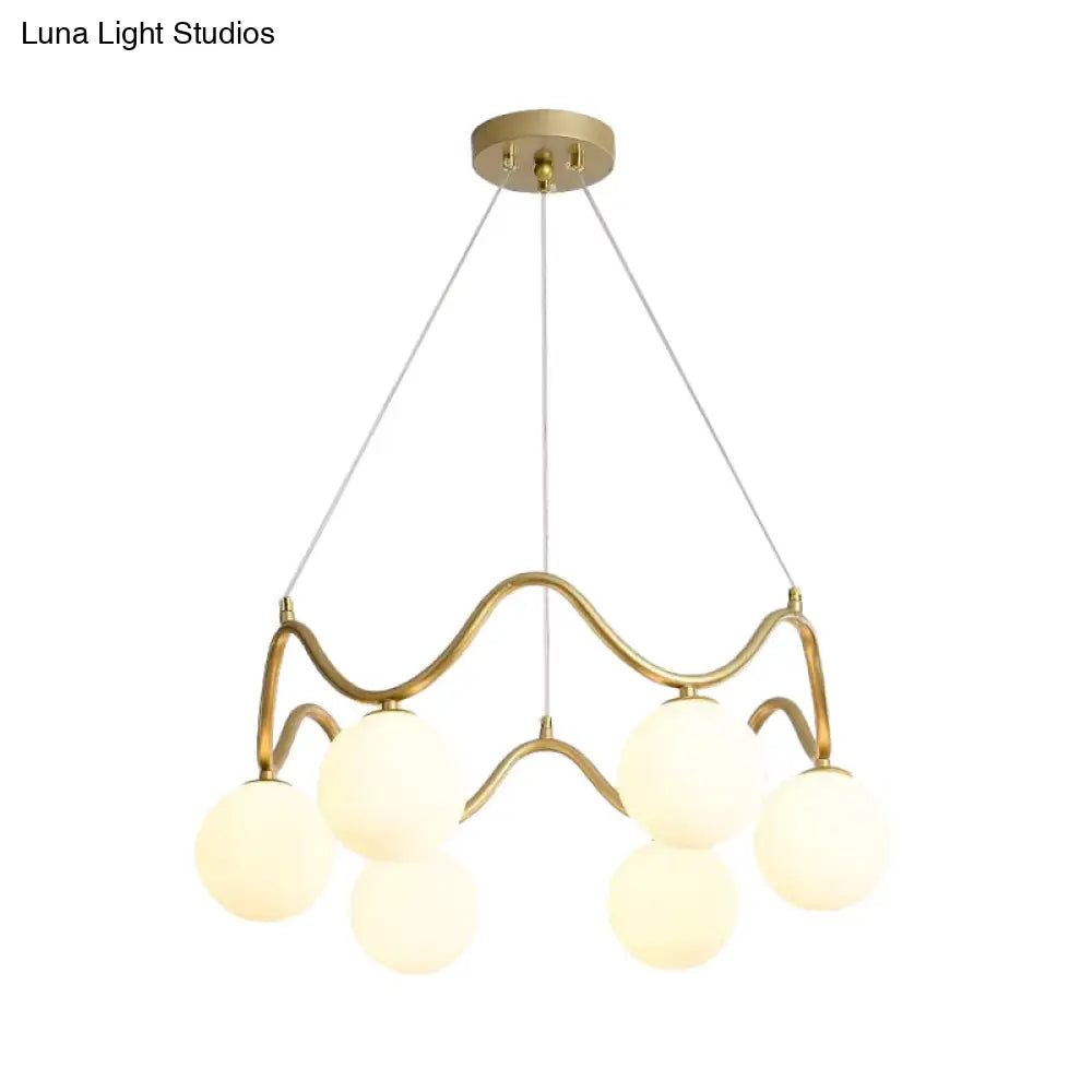 Modern Brass Chandelier With 6-Lights Iron Wave Pendant Ceiling Light Clear/White Double Ball Glass