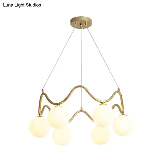Modern Brass Chandelier With 6-Lights Iron Wave Pendant Ceiling Light Clear/White Double Ball Glass