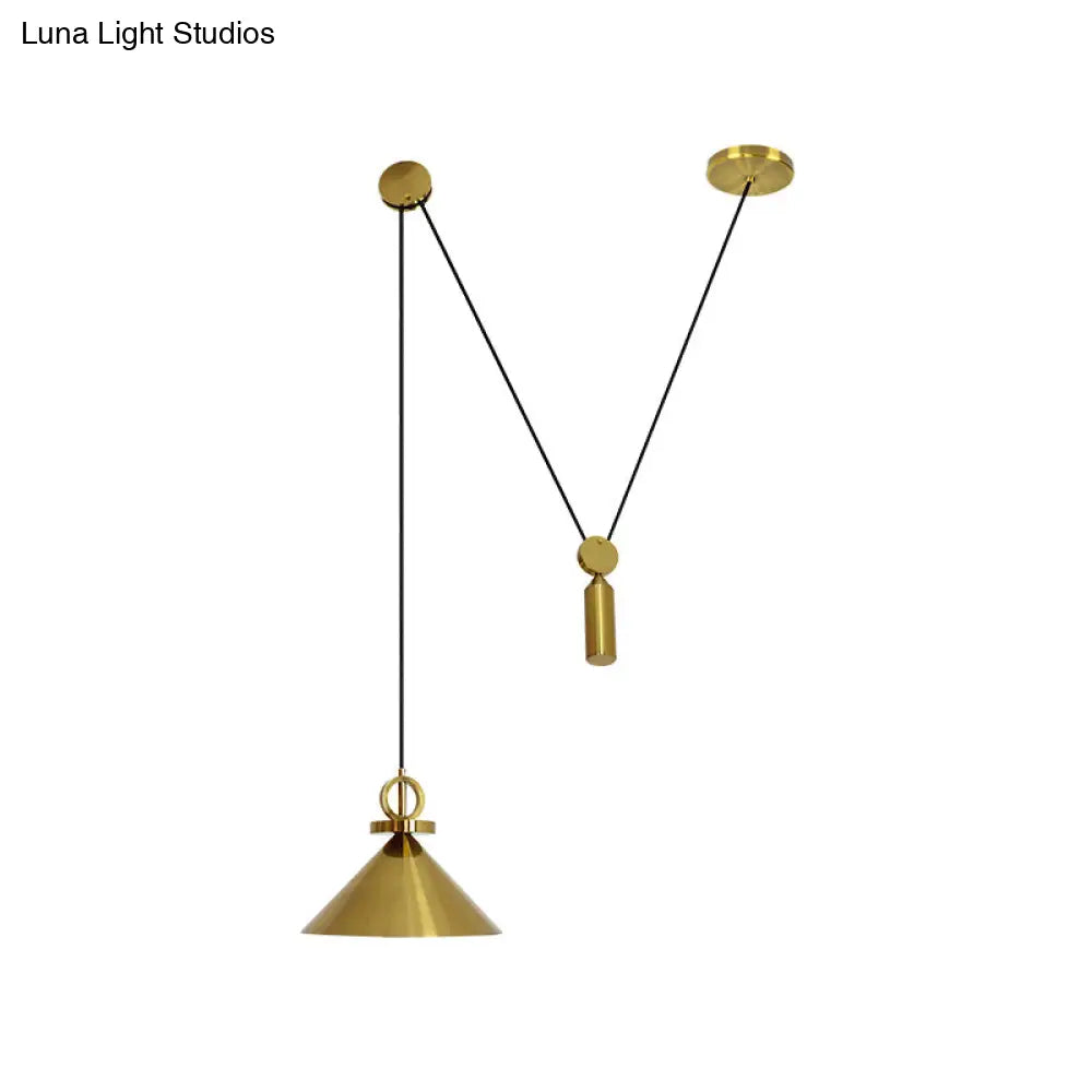 Modern Brass Conic Drop Pendant Kitchen Lamp With 1-Light And Pulley Suspension
