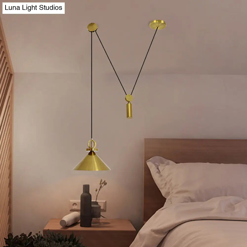 Modern Brass Metal Kitchen Pendant Lamp With Pulley Suspension - Conic Drop Design