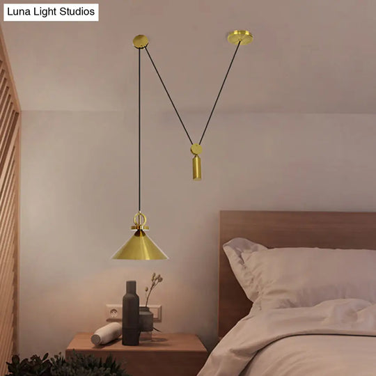 Modern Brass Metal Kitchen Pendant Lamp With Pulley Suspension - Conic Drop Design