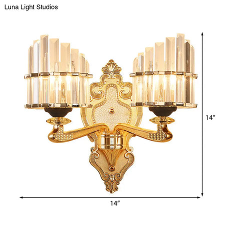 Modern Brass Crystal Block Wall Light Sconce With Carved Backplate