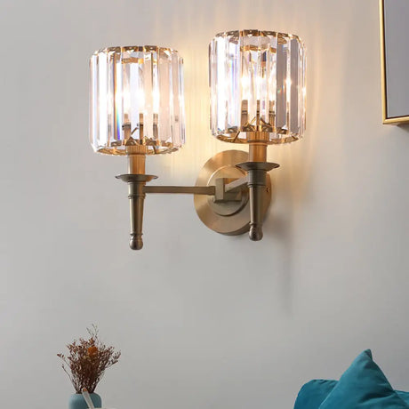 Modern Brass Cylinder Wall Light Sconce With Crystal Shade - 1/2 Lights Metal Mount 2 /
