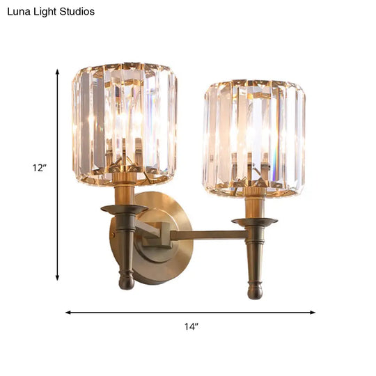 Modern Brass Cylinder Wall Light Sconce With Crystal Shade - 1/2 Lights Metal Mount