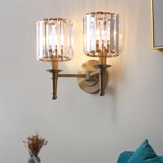 Modern Brass Cylinder Wall Light Sconce With Crystal Shade - 1/2 Lights Metal Mount 2 /
