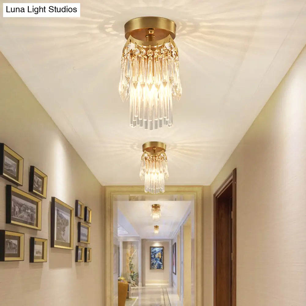Modern Brass Finish Crystal Drip Semi - Flush Ceiling Lamp Fixture