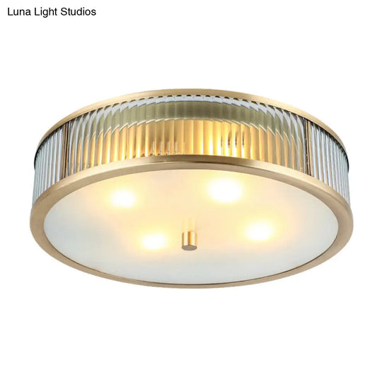 Modern Brass Flush Mount Ceiling Light Simplicity Drum Shape Ribbed Clear Glass For Bedroom