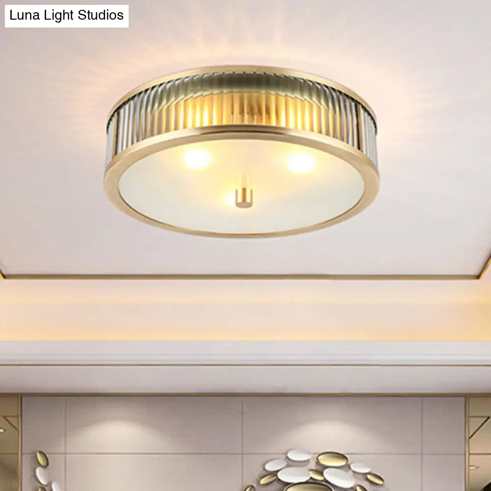 Modern Brass Flush Mount Ceiling Light Simplicity Drum Shape Ribbed Clear Glass For Bedroom