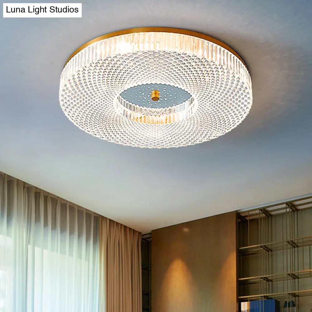 Modern Brass Led Flush Mount Ceiling Light With Crystal Lattice Detail - Minimalist Bedroom Fixture