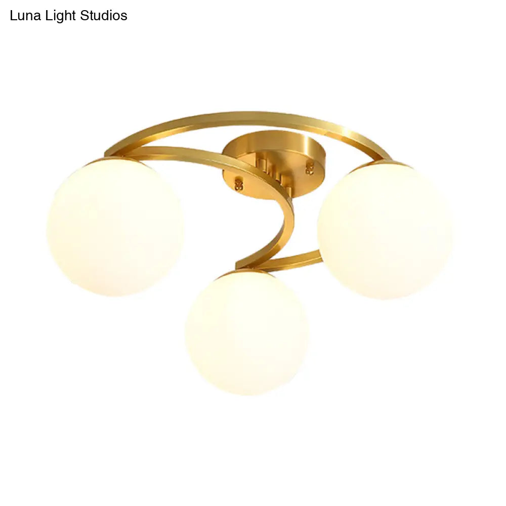 Modern Brass Milk Glass Flush Light With Crescent Canopy - 3/6 Head Close To Ceiling Lamp