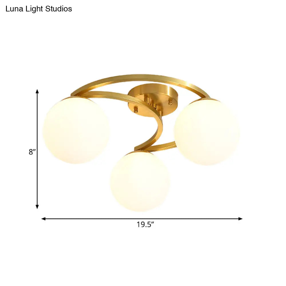 Modern Brass Milk Glass Flush Light With Crescent Canopy - 3/6 Head Close To Ceiling Lamp