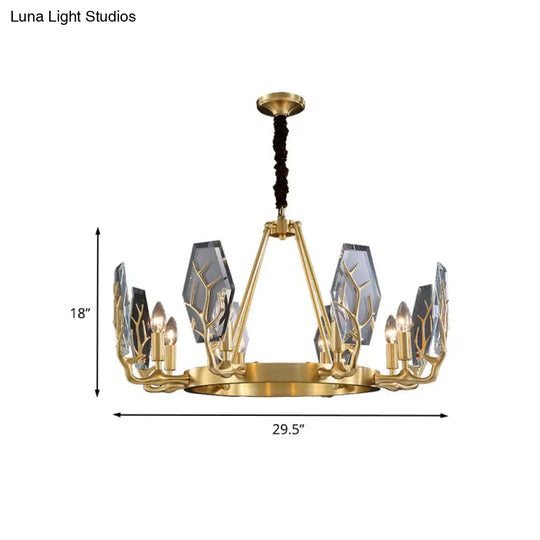 Modern Brass Panel Pendant Chandelier With Crystal Round Hanging Ceiling Lamp - 6/8 Lights