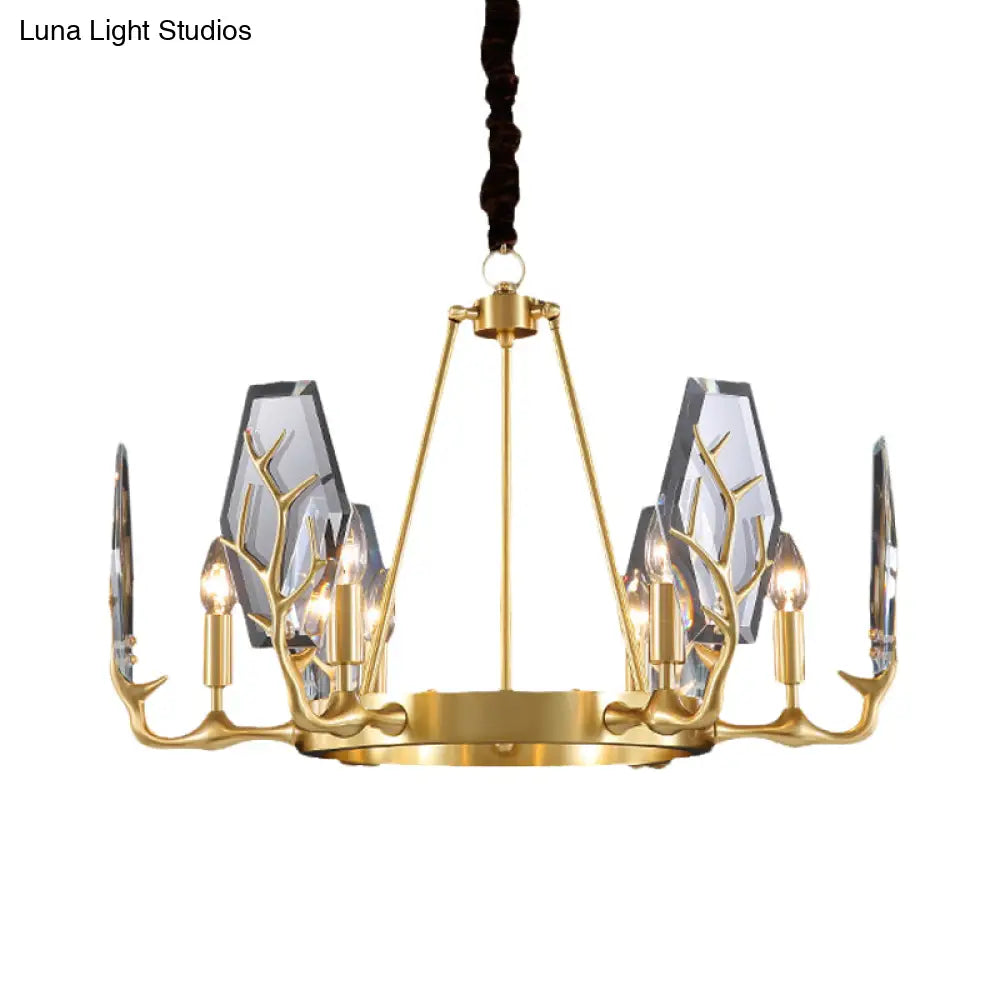 Modern Brass Panel Pendant Chandelier With Crystal Round Hanging Ceiling Lamp - 6/8 Lights