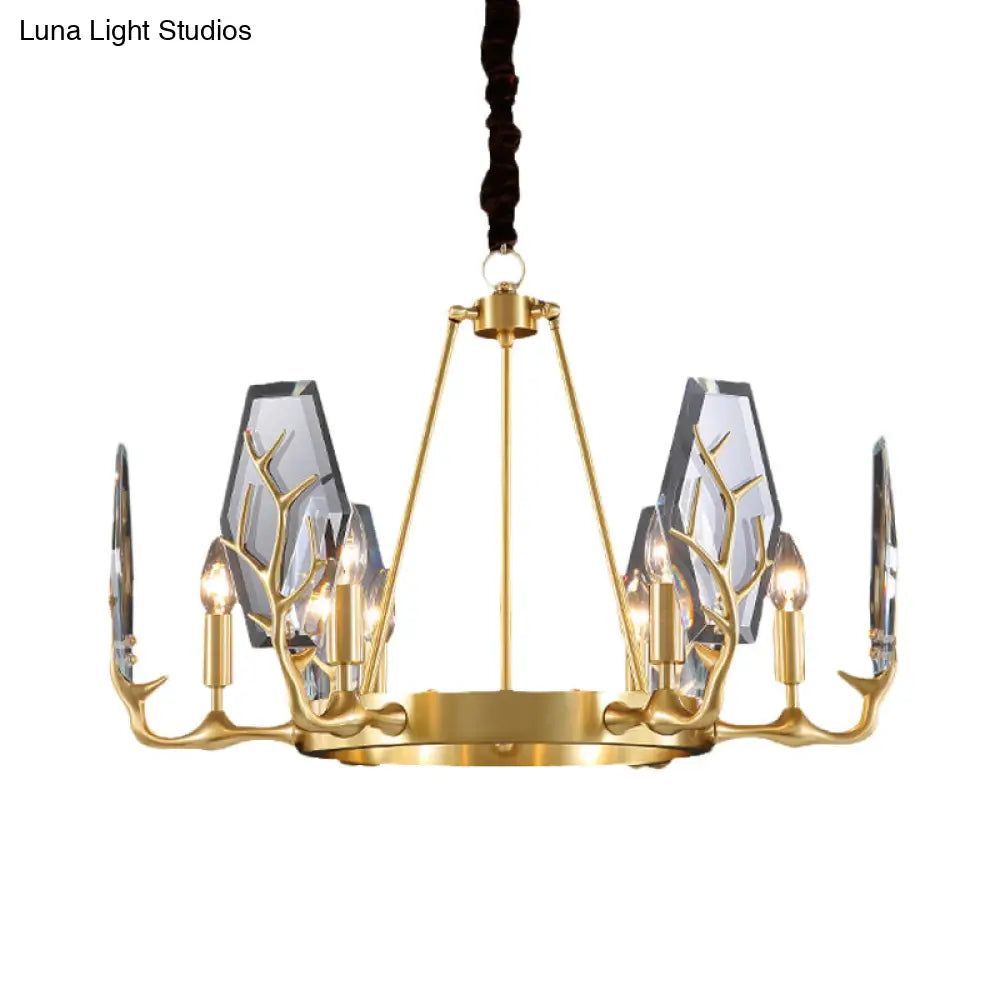 Modern Brass Panel Pendant Chandelier With Crystal Round Hanging Ceiling Lamp - 6/8 Lights