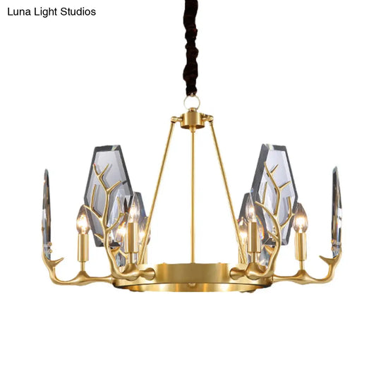 Modern Brass Panel Pendant Chandelier With Crystal Round Hanging Ceiling Lamp - 6/8 Lights