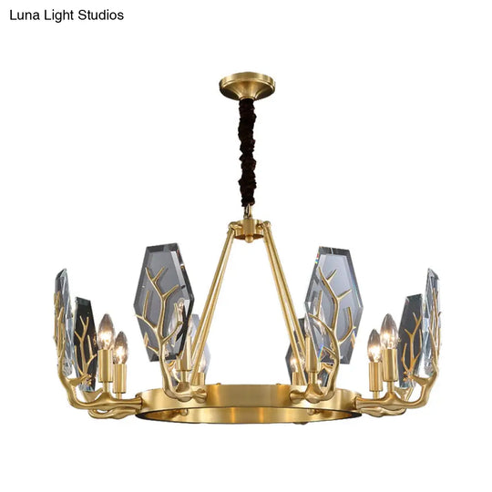 Modern Brass Panel Pendant Chandelier With Crystal Round Hanging Ceiling Lamp - 6/8 Lights