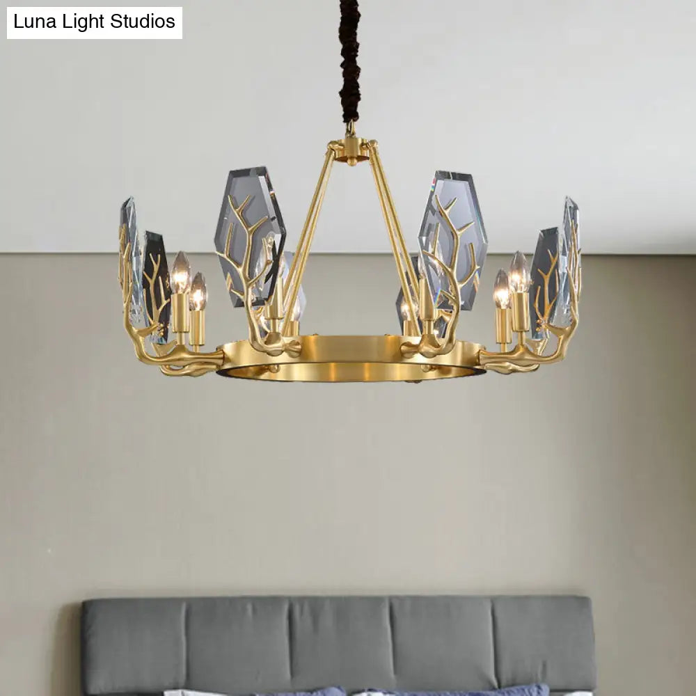 Modern Brass Panel Pendant Chandelier With Crystal Round Hanging Ceiling Lamp - 6/8 Lights