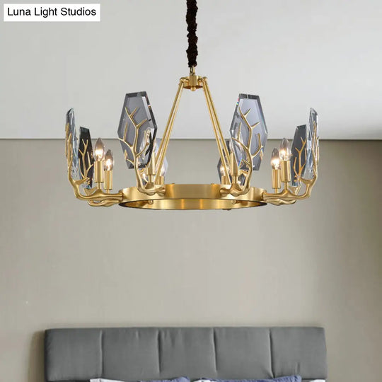 Modern Brass Panel Pendant Chandelier With Crystal Round Hanging Ceiling Lamp - 6/8 Lights
