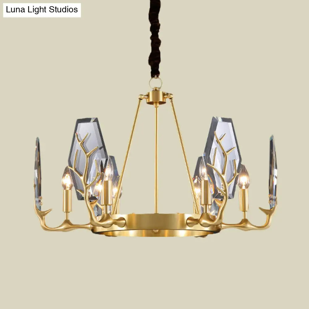 Modern Brass Panel Pendant Chandelier With Crystal Round Hanging Ceiling Lamp - 6/8 Lights