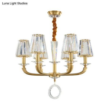 Modern Brass Pendant Light Fixture With Clear Crystal Cone Shade - 6 Chandelier For Bedroom