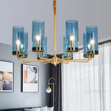Modern Brass Pendant Light: Tubular Up Chandelier For Living Room - Glass Hanging Fixture 8 / Blue