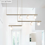 Modern Brass Pendant Light With Orbit Shade: Linear Office Chandelier (3/6/7 Lights)