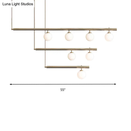Modern Brass Pendant Light With Orbit Shade: Linear Office Chandelier (3/6/7 Lights)