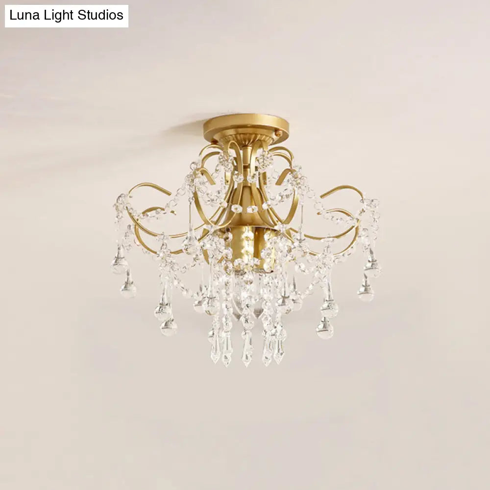 Modern Brass Semi Flush Mount Ceiling Light With Crystal Accent - Curve Arm Design 1/3 Lights