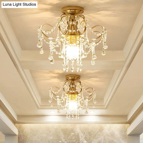 Modern Brass Semi Flush Mount Ceiling Light With Crystal Accent - Curve Arm Design 1/3 Lights