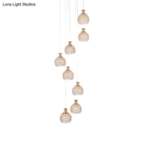 Modern Brass Suspension Pendant Lamp With 8 Crystal Dome Shades