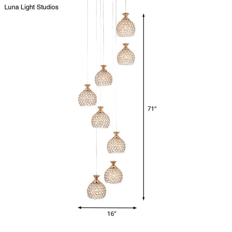 Modern Brass Suspension Pendant Lamp With 8 Crystal Dome Shades