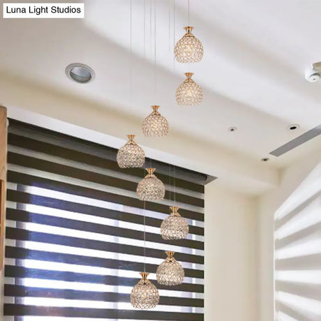 Modern Brass Suspension Pendant Lamp With 8 Crystal Dome Shades