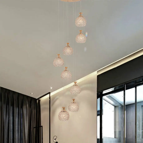 Modern Brass Suspension Pendant Lamp With 8 Crystal Dome Shades
