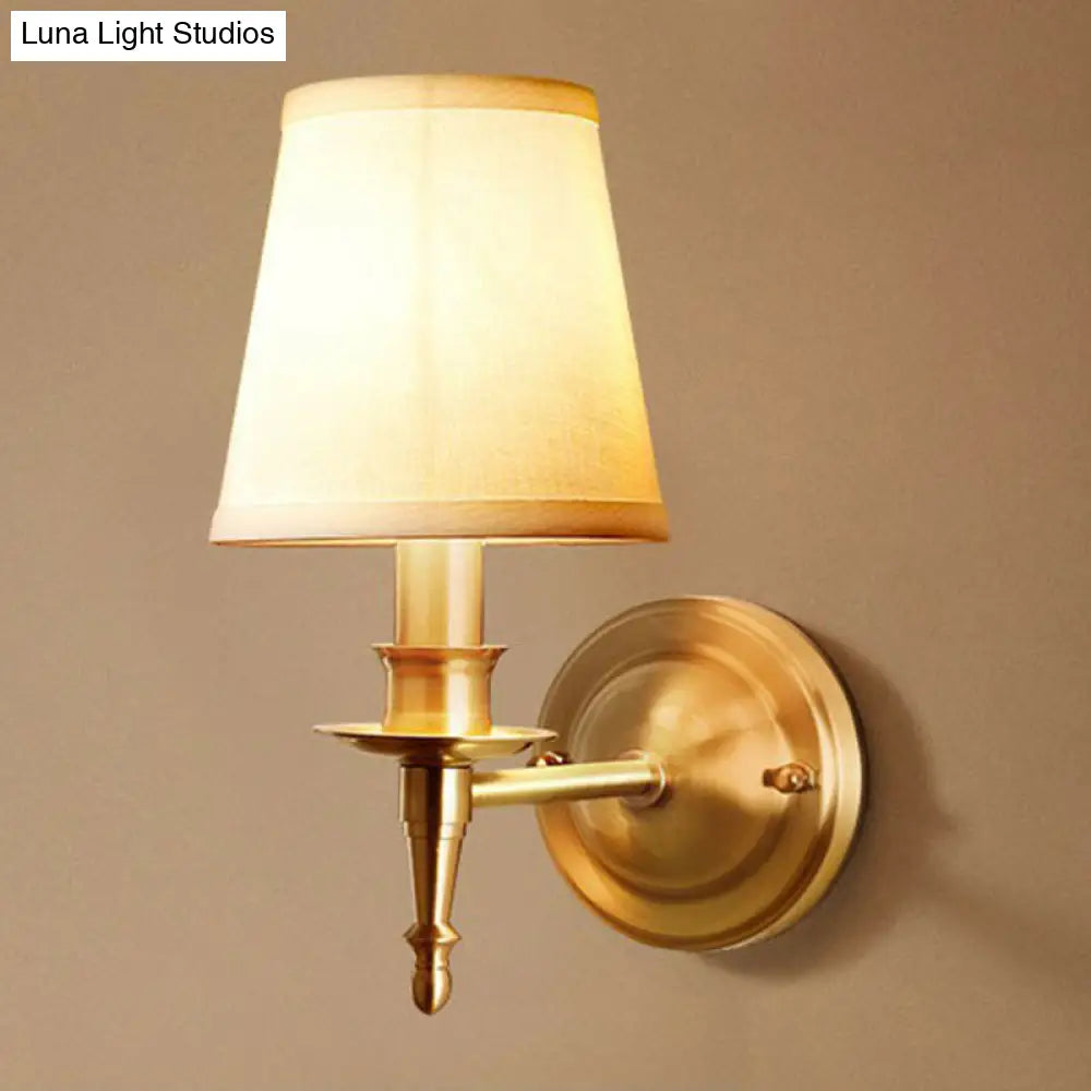 Modern Brass Taper Wall Lamp: Stylish Single-Bulb Fabric Sconce For Corridor