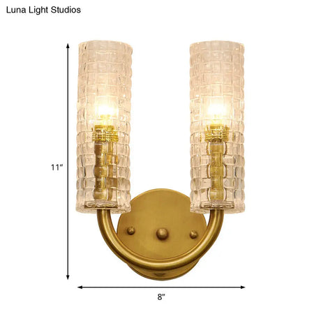 Modern Brass Tubular Flush Mount Wall Sconce With Crystal Accents: 2-Light Fixture & Curved Arm
