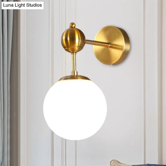 Modern Brass Wall Sconce Lamp With Adjustable Node - White Glass Globe Design