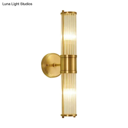 Modern Brass Wall Sconce With Crystal Cylinder Shade - Ideal For Hallways And Mount Lighting