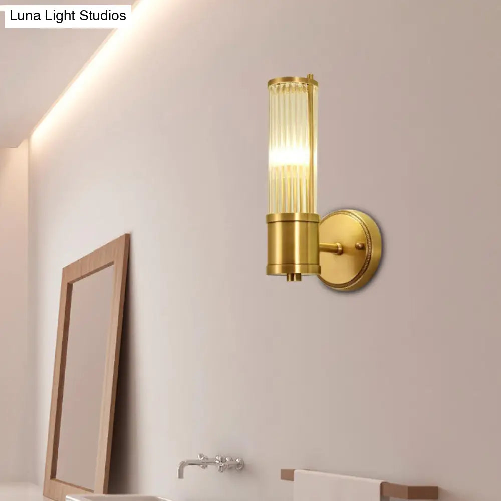 Modern Brass Wall Sconce With Crystal Cylinder Shade - Ideal For Hallways And Mount Lighting