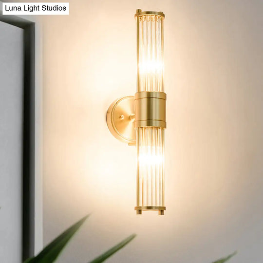 Modern Brass Wall Sconce With Crystal Cylinder Shade - Ideal For Hallways And Mount Lighting