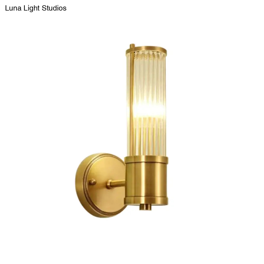 Modern Brass Wall Sconce With Crystal Cylinder Shade - Ideal For Hallways And Mount Lighting