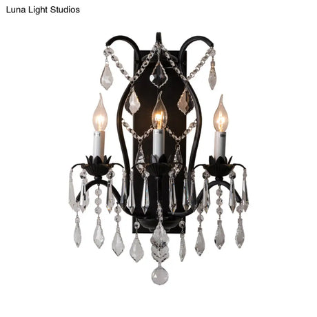 Modern Candelabra Wall Sconce With Crystal Drop - Black/Brass Finish 3 Lights